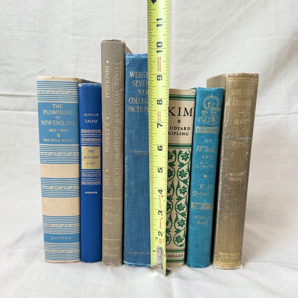 Vintage Blue and Neutral Decorative Book Bundle Set of 7 Hardcover Books Decor